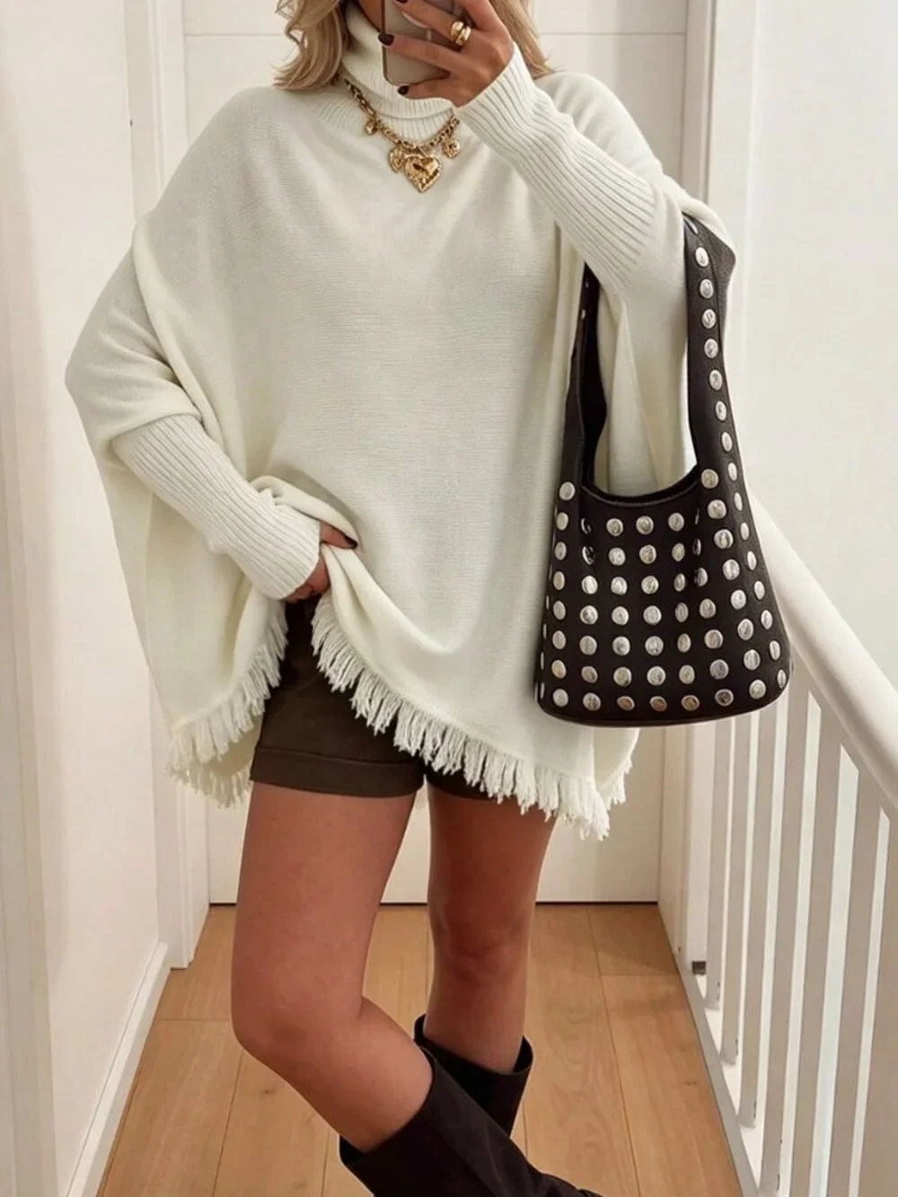 White Casual Women's Tassel High Neck Long Sleeve Sweater